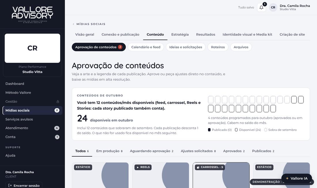 Tela de Aprovação de conteúdos do Hub, com o saldo do mês